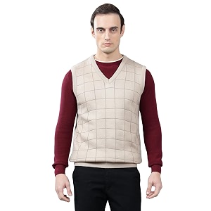 Cantabil Checkered V-Neck Sleeveless Regular Fit Mens