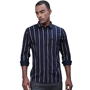 Cantabil Men Cotton Striped Navy Blue Full
