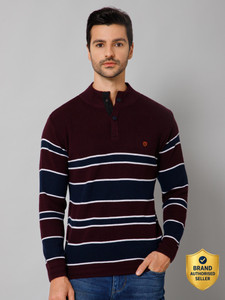 CANTABIL Men Striped Collared Neck Maroon Sweater
