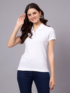 cantabil solid women polo neck white t-shirt