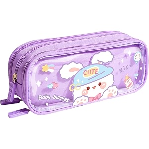 canvas large capacity transparent cute cartoon print pencil case 3 compartment aesthetic pencil case for girls multifunctional stationery organizer for school purple baby bunnies