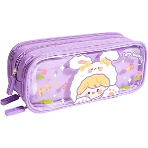 canvas large capacity transparent cute cartoon print pencil case 3 compartment aesthetic pencil case for girls multifunctional stationery organizer for school cute purple bunny