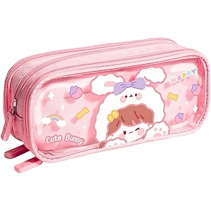 canvas large capacity transparent cute cartoon print pencil case 3 compartment aesthetic pencil case for girls multifunctional stationery organizer for school pink cute bunny