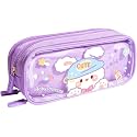 Canvas Large Capacity Transparent Cute Cartoon Print Pencil Case 3 Compartment Aesthetic Pencil Case for Girls Multifunctional Stationery Organizer for School (Purple Baby Bunnies)