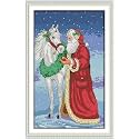 CaptainCrafts Cross Stitch Kits, New Counted Kit Unprinted 14CT Fabric Cross Stitching DIY Art DMC Needlecrafts Embroidery Kit for Adults Beginner (White, Christmas Old Man and The Horse)