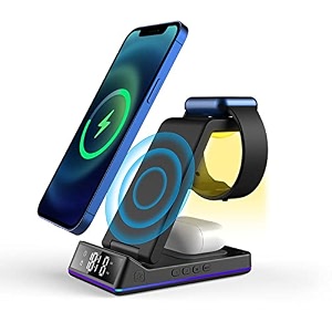 captese magit 15w 5-in-1 qi wireless charging desk stand with digital alarm clock for iphone 1514131211xsxr iwatch se987654 airpods 123propro2 mt500wc-dk