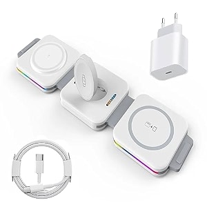 magit 3-in-1 qi portable mag-safe wireless charging station with 20w type-c power adaptor for iphone 1514131211xsxr iwatch se87654321 airpods 123pro mt500wc-pt-wit
