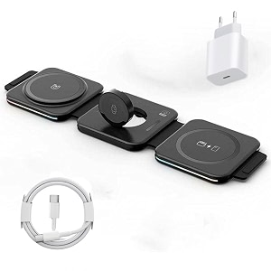 magit 3-in-1 qi portable mag-safe wireless charging station with 18w type-c pd for iphone 14131211iwatch se87654321airpods 123pro mt500wc-pt-blblack