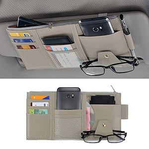 car accessories car sun visor organizer sunglass pen card small document storage pouch holder pu leather multi-pocket with zipper net beige