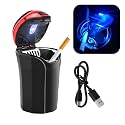 povtii Car Ashtray with Lid, Rechargeable Stainless Auto Ashtray with LED Light Indicator, Portable Smell-Proof Ashtray Cup with Lid &amp; Detachable Cigarette Lighter, Car Accessories (Red)