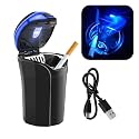 povtii Car Ashtray with Lid, Rechargeable Stainless Auto Ashtray with LED Light Indicator, Portable Smell-Proof Ashtray Cup with Lid & Detachable Cigarette Lighter, Car Accessories (Blue)