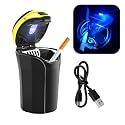 povtii Car Ashtray with Lid, Rechargeable Stainless Steel &amp; ABS, Portable Smell-Proof, LED Light Indicator, Detachable Lighter, Golden