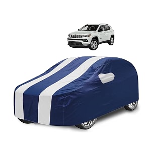 car cover compatible with jeep compass with mirror pocket water resistant triple stitched compass car cover- navy-white