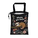 Car Garbage Bag Cute Brown Sloth and Floral Hanging Canvas Car Trash Bag Drawstring Car Back Seat Organizer for Car Back Front Seat Console with Adjustable Buckle