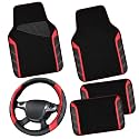 CAR PASS Leather Steering Wheel Cover and Waterproof Car Floor Mats,Microfiber Universal Car Combo Fit for 95% Sedan,SUV,Cars,14.5-15inch Sporty Anti-Slip Safety Comfortable Design(Black＆Red)