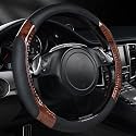 CAR PASS Wood Grain Microfiber Leather Sporty 14.5-15 inch Steering Wheel Cover Universal Fits for 95% Truck,SUV,Cars, Anti-Slip Safety Comfortable Design (Black Wood Grain)