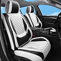 Car Seat Covers Full Set,5 Seat White Leather Seat Covers for Cars,Front Seats and Back Seat Cover,Waterproof Car Seat Cushion Protectors,Universal Fit for Most Cars SUV Trucks (White Black, Full Set)