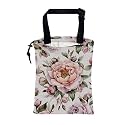Car Trash Bag Pink Peonies and Green Leaves Leak-Proof Car Garbage Bag with Drawstring Foldable Canvas Trash Bin with Adjustable Buckle for Car Accessories
