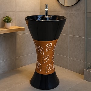 black amp wooden pedestal wash basin  premium ceramic standing sink with leaf design  luxury modern bathroom hand wash basin scratch resistant amp easy to clean