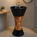 Black & Wooden Pedestal Wash Basin | Premium Ceramic Standing Sink with Leaf Design | Luxury Modern Bathroom Hand Wash Basin, Scratch Resistant & Easy to Clean