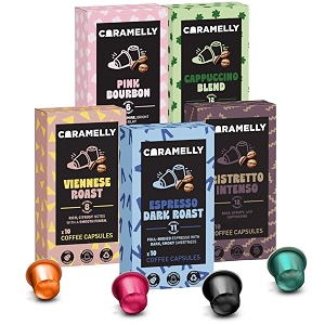 caramelly coffee pods variety pack  nespresso compatible - 50 aluminium coffee capsules  box of 5 50 pods