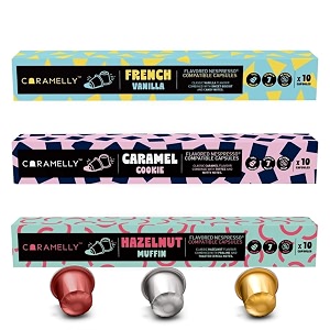 caramelly coffee pods barista pack  nespresso compatible  30 aluminium flavoured coffee capsules  french vanilla hazelnut caramel  no added sugar  aaa specialty coffee