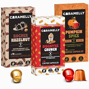 caramelly limited edition pack flavoured nespresso compatible coffee capsules 30 aluminium coffee pods  rocher hazelnut biscoffee crunch amp pumpkin spice  no added sugar  100 arabica