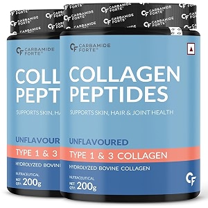 carbamide forte hydrolyzed collagen powder  type 1 amp 3 collagen peptides powder for glowing skin amp hair - unflavored - collagen supplements for women amp men - 200g pack of 2