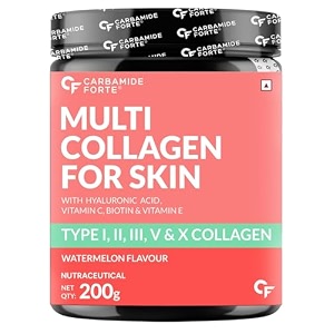 carbamide forte hydrolyzed multi collagen powder with marine collagen all 5 types of collagen peptides included - type i ii iii v x collagen supplements for women amp men watermelon flavor - 200g