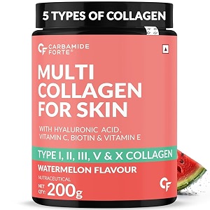 carbamide forte multi collagen supplements  5 types of marine collagen powder for skin  skin supplements for glowing skin for women - watermelon flavour - 200g
