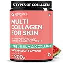 Carbamide Forte Multi Collagen Supplements | 5 Types of Marine Collagen Powder For Skin | Skin Supplements For Glowing Skin For Women - Watermelon Flavour - 200g.