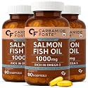Carbamide Forte Salmon Fish Oil Omega 3 Capsule 1000 mg | 90 Softgel Capsules | EPA 180 mg &amp; DHA 120 mg | Supports Heart, Joints, Bones &amp; Skin (Pack of 3)