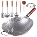 Teewe 13.4" Carbon Steel Wok Traditional Hand Hammered Round Bottom Wok