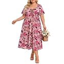 CARCOS Plus Size Dresses for Curvy Women Tie Sweetheart Neck Summer Maxi Dress Short Sleeve Empire Waist Floral Boho Dress