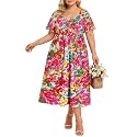 CARCOS Plus Size Dresses for Curvy Women Tie Sweetheart Neck Summer Maxi Dress Short Sleeve Empire Waist Floral Boho Dress