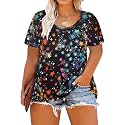 CARCOS Plus Size Tops for Women Short Sleeve Shirt Summer Star/Leopard/Tie Dye/Flower Crewneck Pullover Tunic XL-5XL