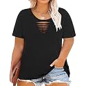 CARCOS Plus Size Tops for Women Short Sleeve Shirts Basic Tee Solid Color Blouse V Neck Tunic Loose Fit Tshirts Summer XL-5XL