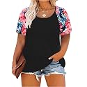 CARCOS Plus Size Tops for Women Short Sleeve Raglan Striped Tee Color Block Crewneck/V Neck Tunic Loose Fit Summer XL-5XL