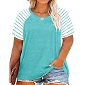 CARCOS Plus Size Tops for Women Short Sleeve Raglan Striped Tee Color Block Crewneck/V Neck Tunic Loose Fit Summer XL-5XL