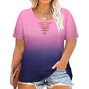 CARCOS Plus Size Tops for Women Short Sleeve Shirts Basic Tee Solid Color Blouse V Neck Tunic Loose Fit Tshirts Summer XL-5XL
