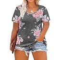 CARCOS Plus Size Tops for Women Short Sleeve Raglan Striped Tee Color Block Crewneck/V Neck Tunic Loose Fit Summer XL-5XL