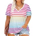 CARCOS Plus Size Tops for Women Short Sleeve Shirts Basic Tee Solid Color Blouse V Neck Tunic Loose Fit Tshirts Summer XL-5XL