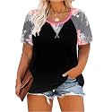 CARCOS Plus Size Tops for Women Short Sleeve Shirt Summer Star/Leopard/Tie Dye/Flower Crewneck Pullover Tunic XL-5XL