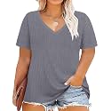 CARCOS Plus Size Tops for Women Short Sleeve Shirts Basic Tee Solid Color Blouse V Neck Tunic Loose Fit Tshirts Summer XL-5XL