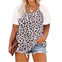 CARCOS Plus Size Tops for Women Short Sleeve Raglan Striped Tee Color Block Crewneck/V Neck Tunic Loose Fit Summer XL-5XL