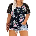 CARCOS Plus Size Tops for Women Short Sleeve Raglan Striped Tee Color Block Crewneck/V Neck Tunic Loose Fit Summer XL-5XL