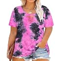 CARCOS Plus Size Tops for Women Short Sleeve Shirts Basic Tee Solid Color Blouse V Neck Tunic Loose Fit Tshirts Summer XL-5XL