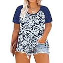 CARCOS Plus Size Tops for Women Short Sleeve Raglan Striped Tee Color Block Crewneck/V Neck Tunic Loose Fit Summer XL-5XL