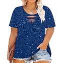 CARCOS Plus Size Tops for Women Short Sleeve Shirts Basic Tee Solid Color Blouse V Neck Tunic Loose Fit Tshirts Summer XL-5XL