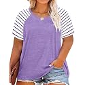 CARCOS Plus Size Tops for Women Short Sleeve Raglan Striped Tee Color Block Crewneck/V Neck Tunic Loose Fit Summer XL-5XL